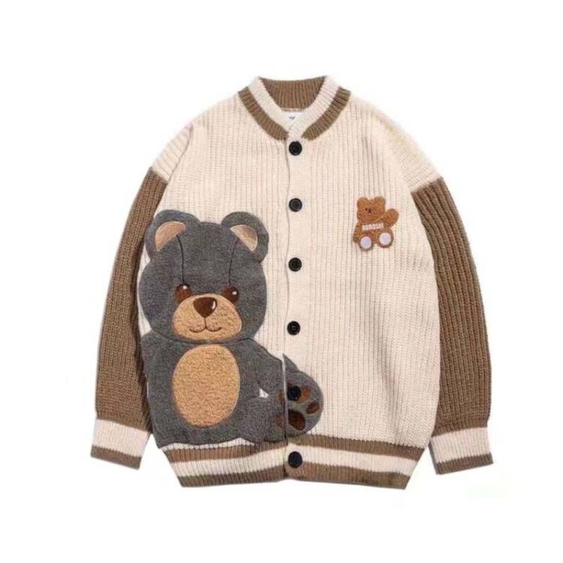 Varsity Jacket Letterman - Womens Cute Bear Graphic Embroidery Knit