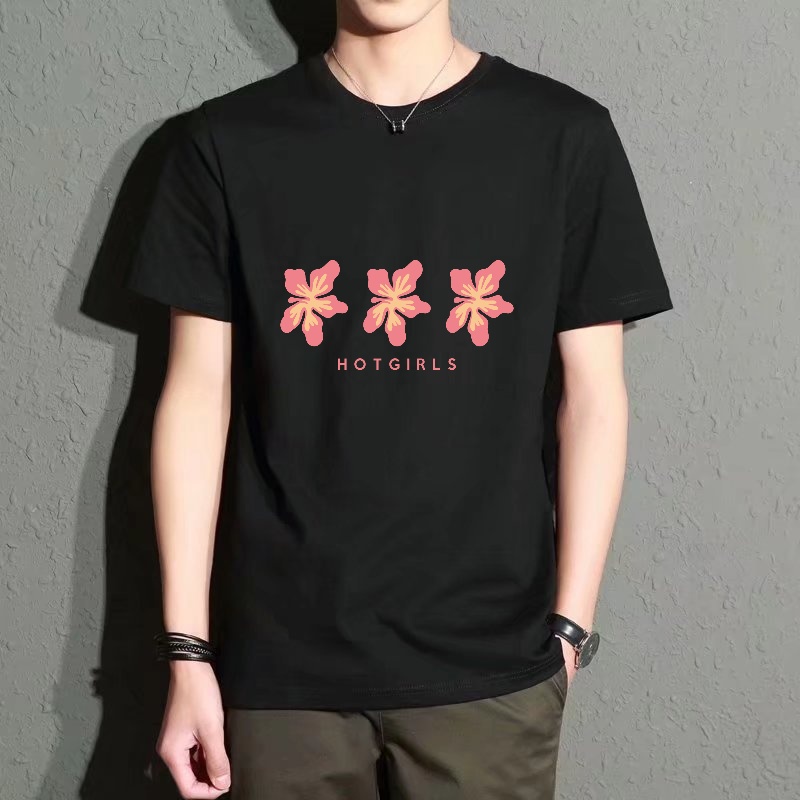 Men'S Fashion Pink Shirt - Men's Black Round-Neck Short-Sleeved T-Shirt, Pink